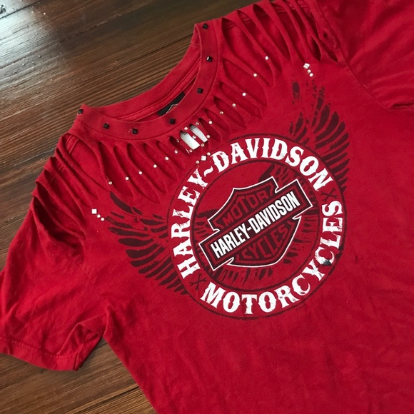 Tops - ⚡️⚡️ CUSTOM : Red bling restyled Harley t-shirt